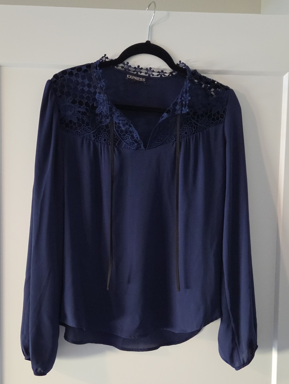 Express Navy Lace Yoke Tie-Neck Blouse